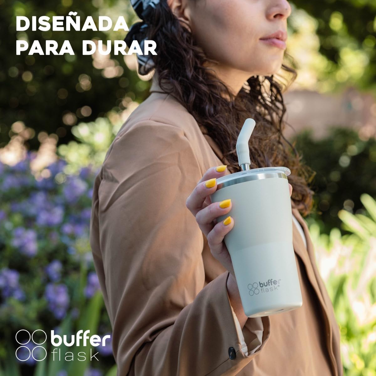Buffer Flask - Vaso Térmico 420 ml - Termo para Café y Agua de Acero Inoxidable - Tapa Anti Derrame y Fugas - Taza Tumbler Mug para Bebidas Frías y Calientes - Incluye Popote - Color Ivory