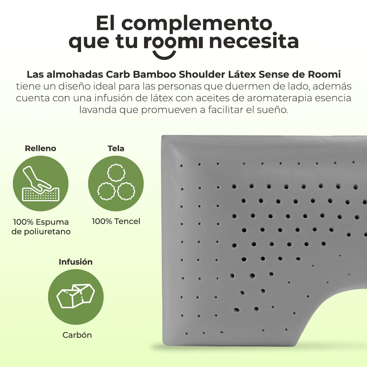 Almohada Látex ROOMI Bamboo Carbón con Tecnología Air Flow Hipoalergénica y Funda Transpirable Removible