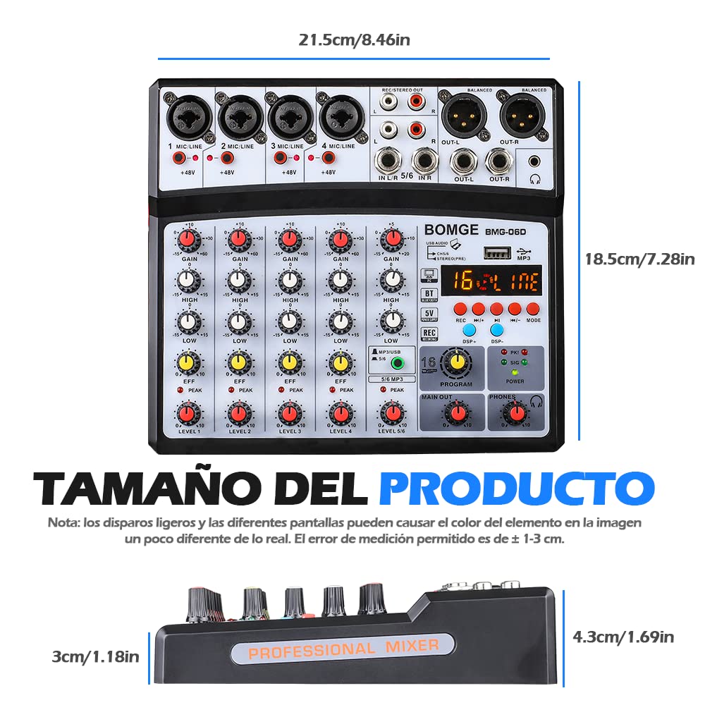 BOMGE - Mezclador de sonido de audio de 6 canales, consola de mezcla profesional para DJ digital para transmisión en vivo, karaoke y grabación estéreo, con reproducción de grabación de computadora de