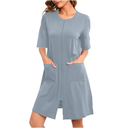 Batas de casa para mujer, batas ligeras con cremallera frontal, manga 3/4, bata de casa, ropa de estar suave, camisón con bolsillos Gray X-Large