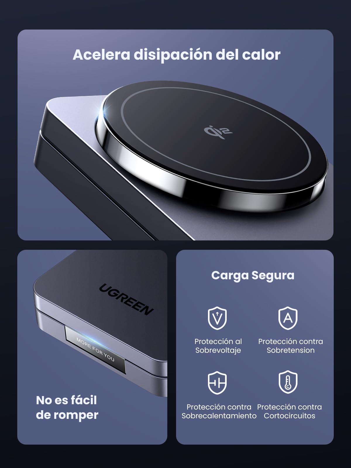 Cargador Inalámbrico UGREEN MagFlow Negro Certificado 15W Qi2 con Soporte Plegable y Carga Rápida para iPhone y AirPods