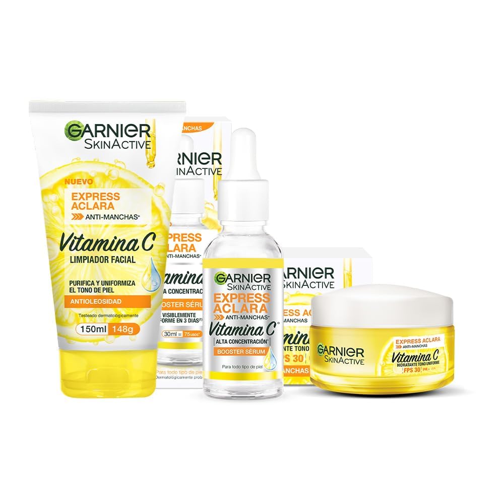 Garnier SkinActive. Kit express aclara: serum, crema y gel con vitamina c + Nivea Sun. Protector Solar Facial FPS50 Control De Brillo 50 ml