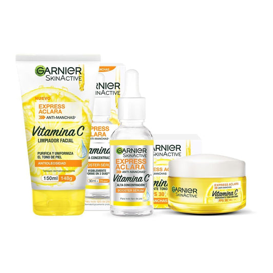 Garnier SkinActive. Kit express aclara: serum, crema y gel con vitamina c + Nivea Sun. Protector Solar Facial FPS50 Control De Brillo 50 ml