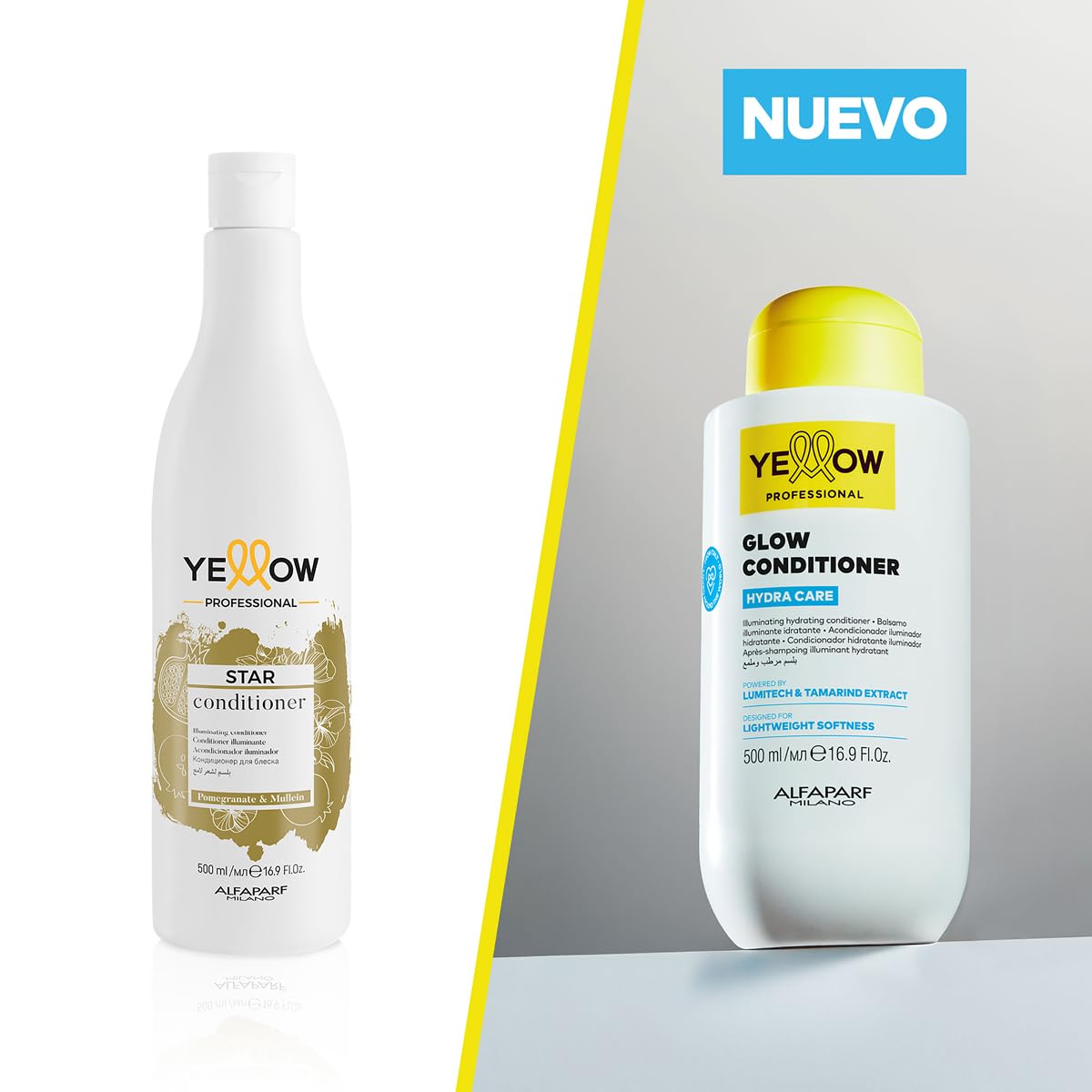 "YELLOW PROFESSIONAL HYDRA CARE GLOW CONDITIONER 500 ml Acondicionador iluminador hidratante para todo tipo de cabello POTENCIADO CON LUMITECH & TAMARIND EXTRACT CONCEBIDO PARA SUAVIDAD LIGERA"