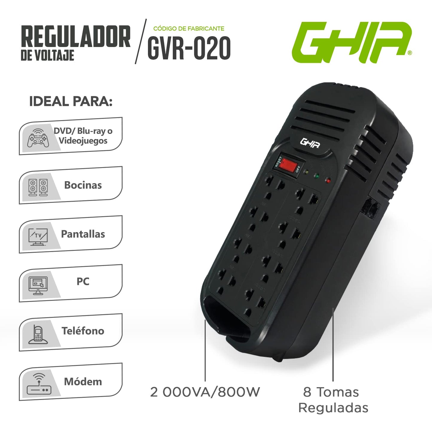 Regulador de Voltaje GHIA GVR-020 Negro Respaldo de hasta 8 Dispositivos para Hogar u Oficina