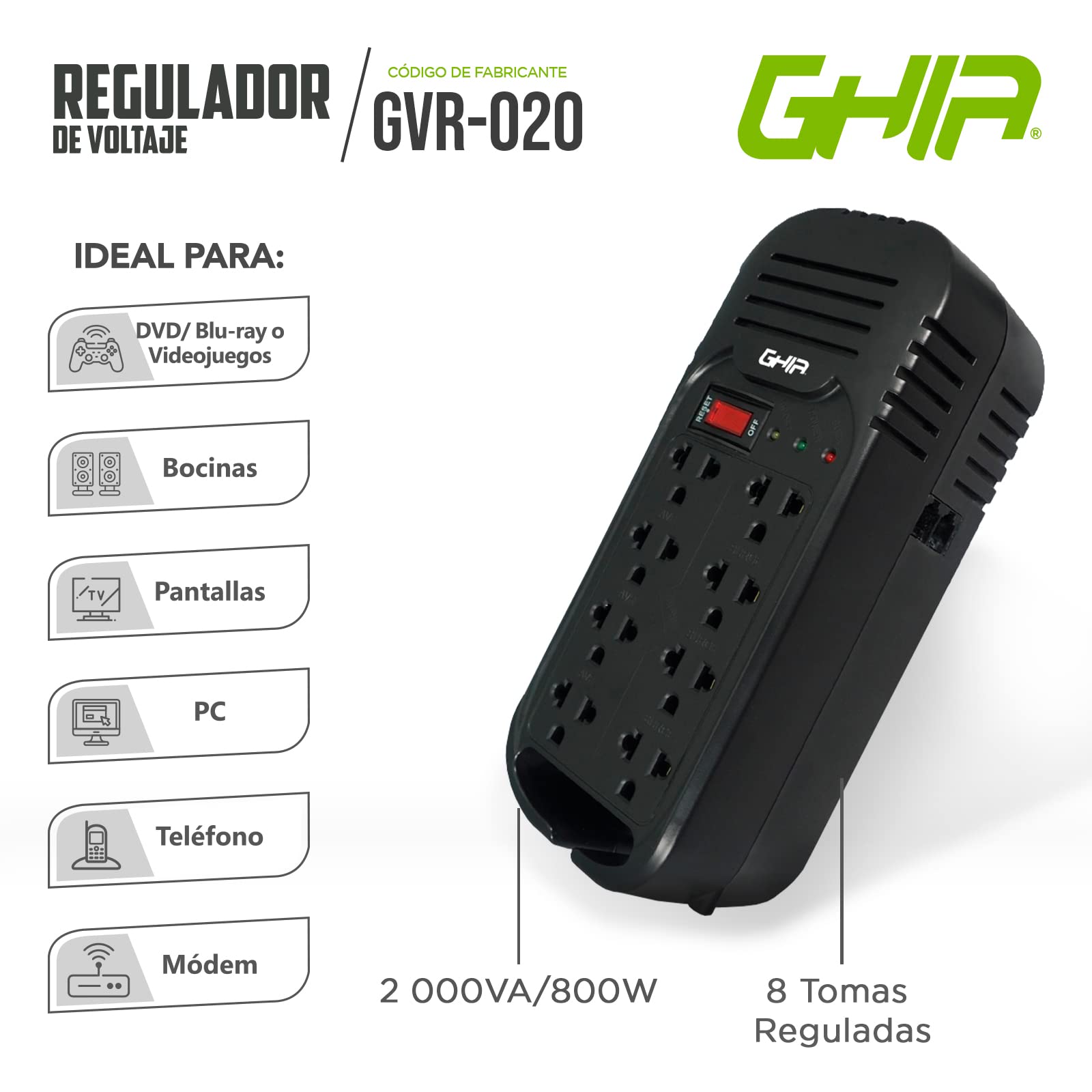 Regulador de Voltaje GHIA GVR-020 Negro Respaldo de hasta 8 Dispositivos para Hogar u Oficina