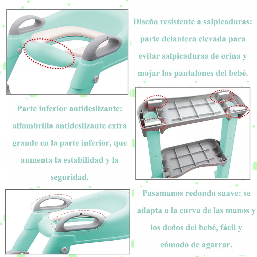 Jiula Asiento Entrenador para Baño con Escalera Antideslizante, Baño Entrenador Niño, Plegable Escalera para Baño Niños, Fácil de Guardar, Asiento Ergonómico, Edad de 3 a 10 Años, Tapizado, Verde