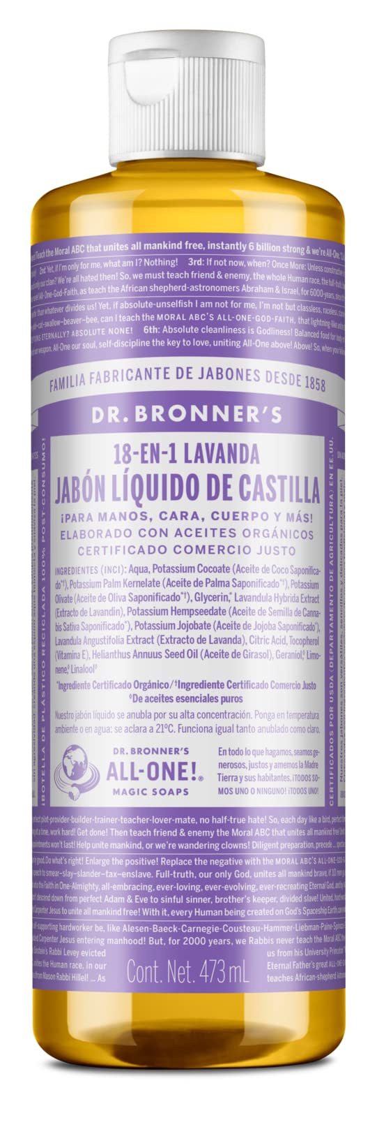 Dr. Bronner's | Jabón de castilla orgánico líquido multiusos, fórmula concentrada, relajación aromática y calma natural, con aceite esencial natural, aroma Lavanda (473 ml)