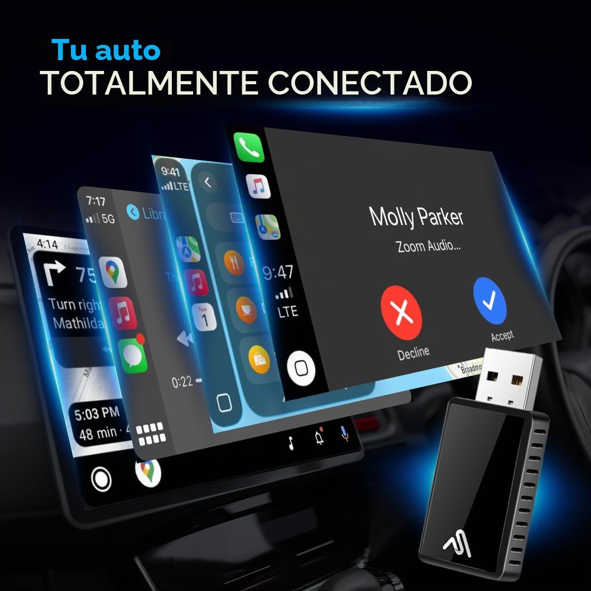 Adaptador Inalámbrico Carplay Autosky para iPhone Conexión Multiusuario Sin Latencia