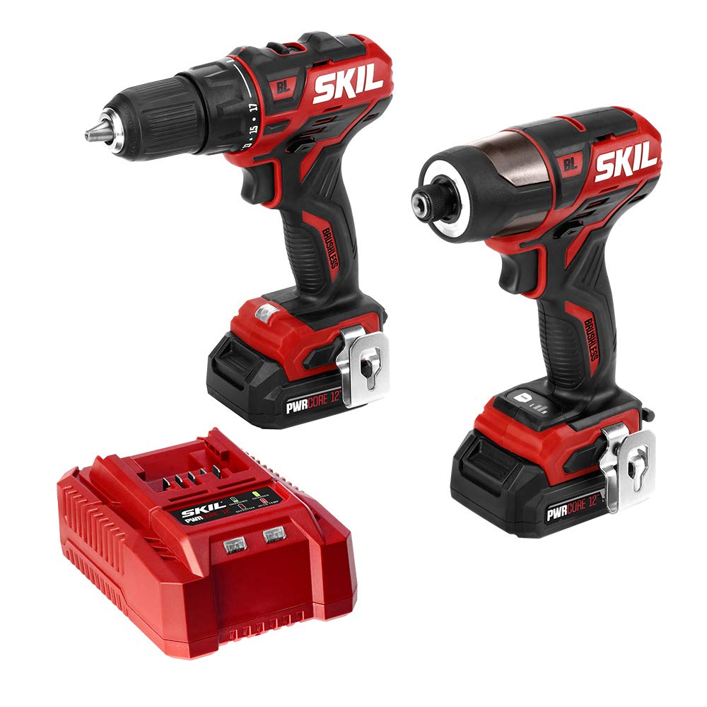 Skil - Kit de 2 herramientas: taladro inalámbrico PWRCore 12 sin escobillas de 12 V y 1/2 pulgada y destornillador de impacto hexagonal de 1/4 de pulgada, incluye dos baterías de litio de 2 Ah y un cargador estándar, CB738501