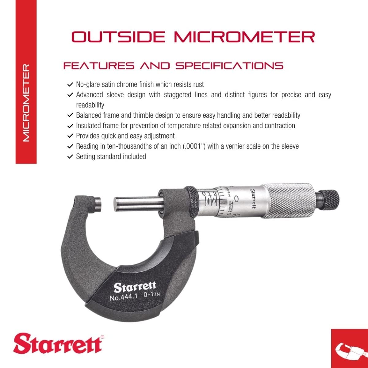 Micrómetro para Exteriores Starrett T444.1XRL-1 Negro Graduación .0001 Pulgadas
