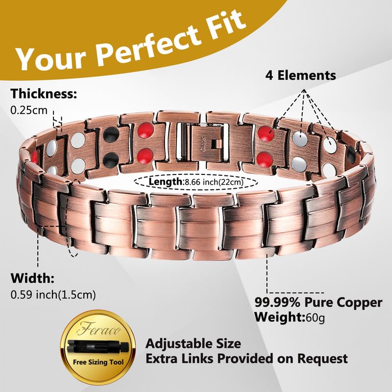 Brazalete Magnético Feraco Cobre Puro 99.99% Imán 3500 Gauss para Hombre