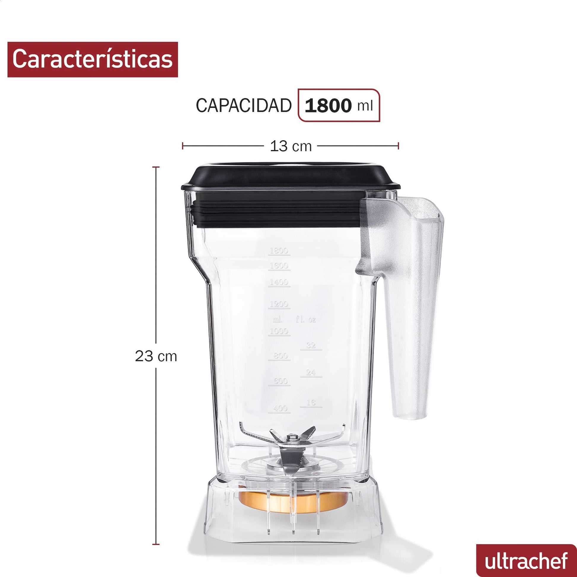 Vaso de Repuesto ULTRACHEF Transparente con Cuchillas de Acero Inoxidable para Licuadora Profesional U2000 1800 ml BPA FREE