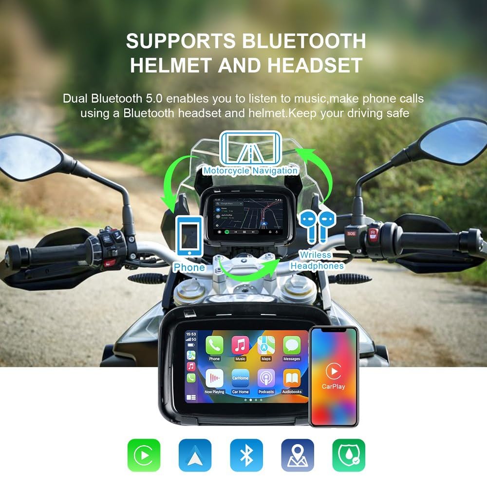 Sunweyer CarPlay portátil inalámbrico Android Auto para motocicleta, pantalla táctil impermeable IPX7 de 12.7 cm (5 pulgadas), navegación GPS automática, Bluetooth dual 5G, compatible con Siri/Google