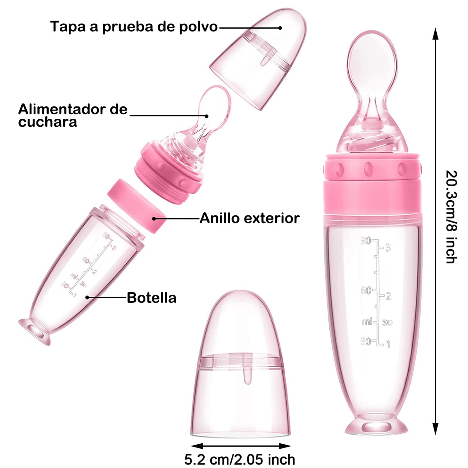 Biberón, diseño de ventosa de 90 ml Dispensador de alimentación de alimentos para bebés Cuchara de silicona para dispensar y alimentar alimentos para bebés (Rosado)