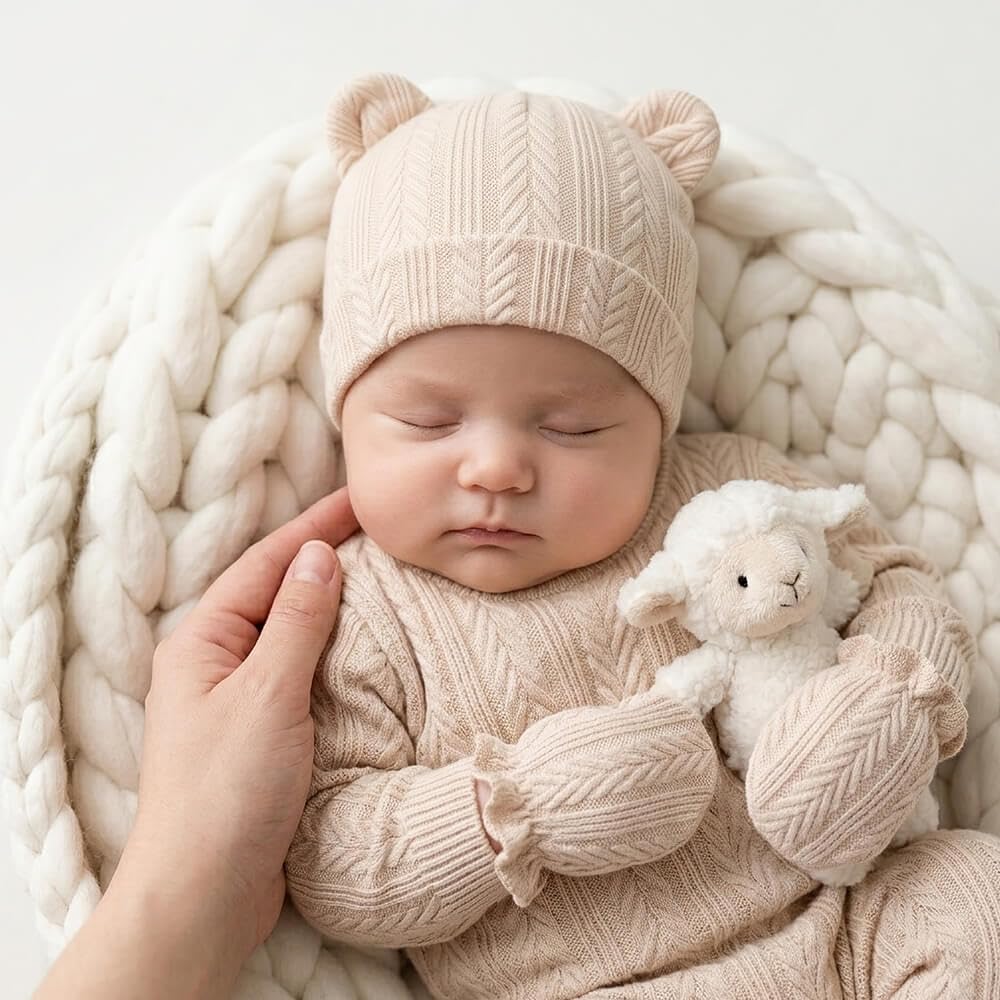 BQUBO - Juego de sombreros para bebé recién nacido, orejas de oso y manoplas, gorras para bebés y niñas, gorro de hospital para bebés de 0 a 3 meses, 4 juegos P: sombreros y manoplas de oreja de oso