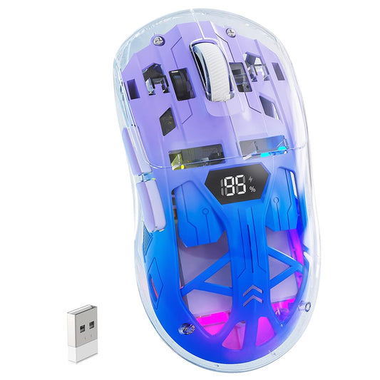 Free Wolf Mouse Inalámbrico A2, Bluetooth y 2.4GHZ Dual Modos, Ratón Recargable con Pantalla de Batería, 4000DPI Ajustable Transparente RGB Mouse Gamer