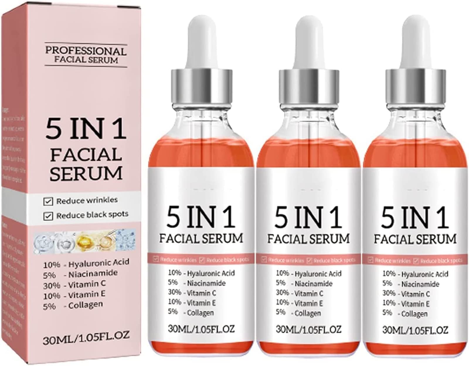 Suero facial 5 en 1, suero antimanchas y brillo, suero blanqueador de vitamina C, suero antienvejecimiento con refuerzo de colágeno, reduce las manchas oscuras de arrugas