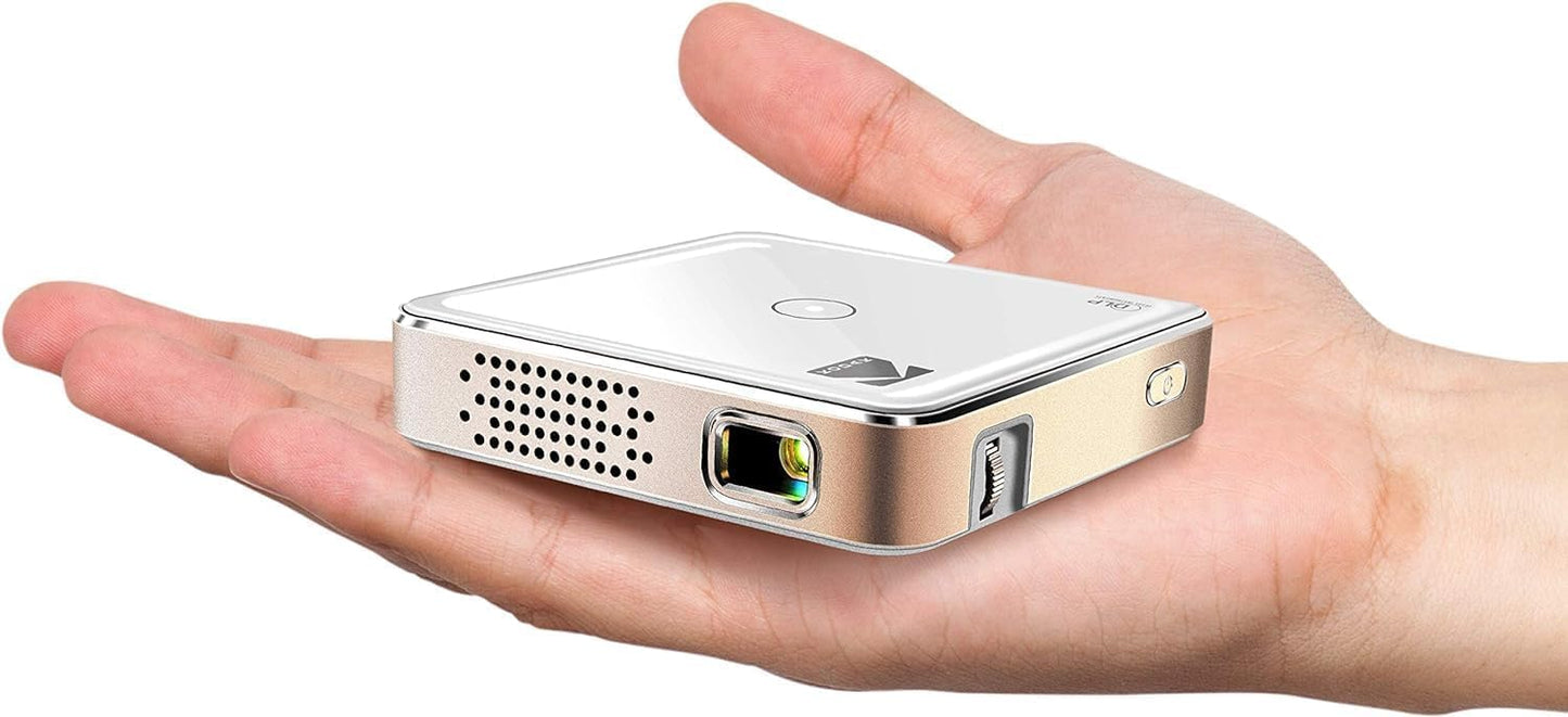KODAK - Miniproyector de vídeo portátil Pocket Pico DLP 1080p HD LED, pantalla de 80 pulgadas, controles con botones táctiles, altavoz incorporado, batería recargable de 150 minutos, HDMI, USB y microSD