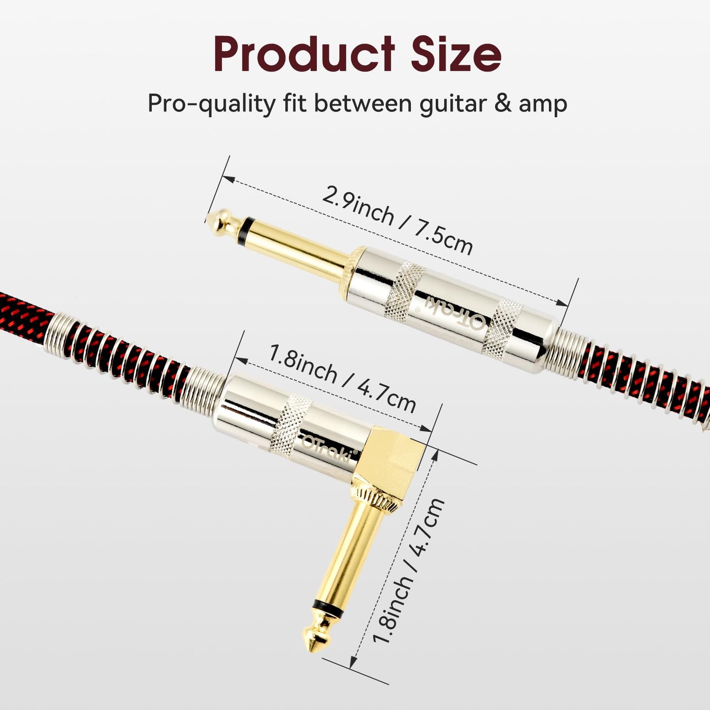 Cable de Guitarra OTraki Negro en Ángulo Recto de 10 Pies, Paquete de 2 Uds.