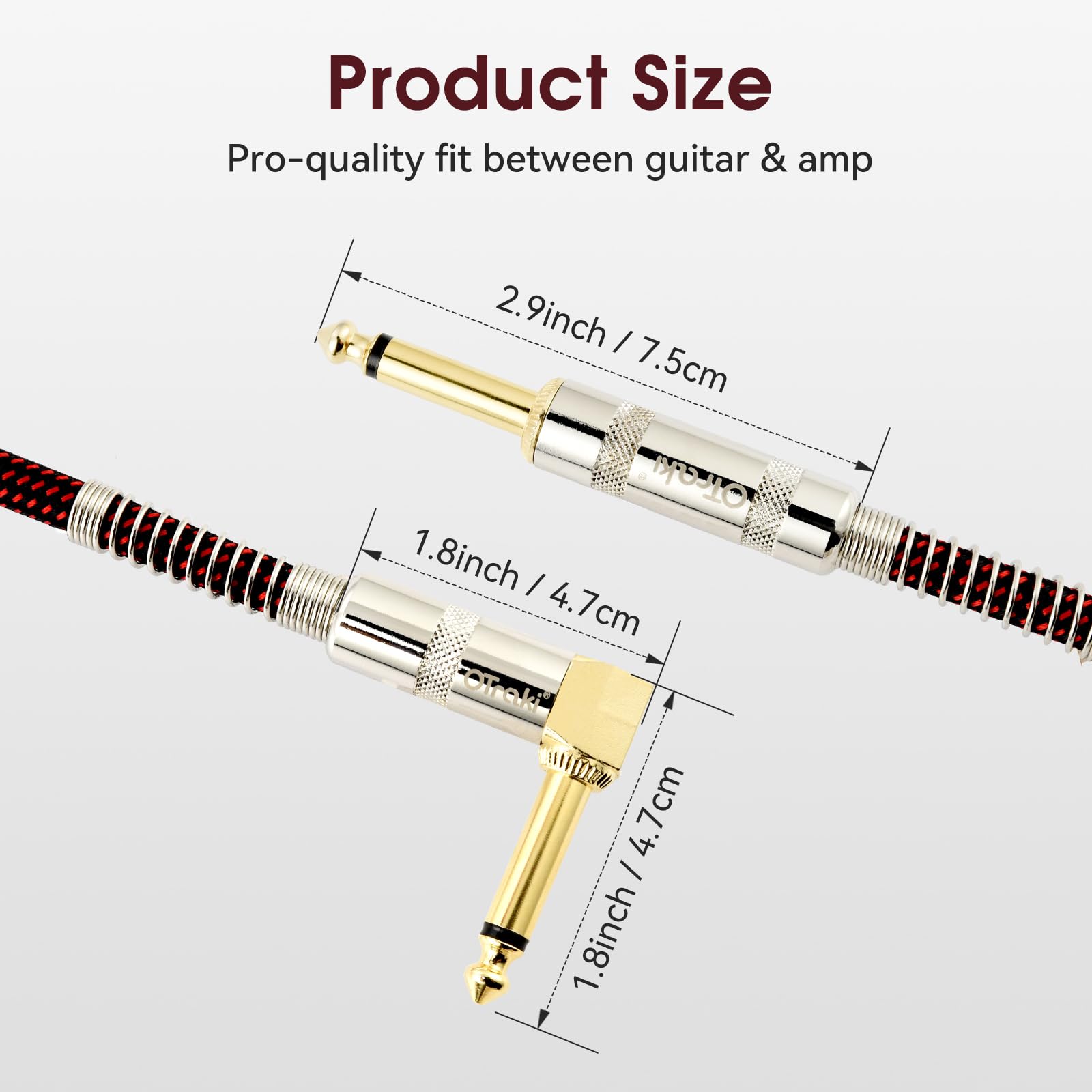 Cable de Guitarra OTraki Negro en Ángulo Recto de 10 Pies, Paquete de 2 Uds.