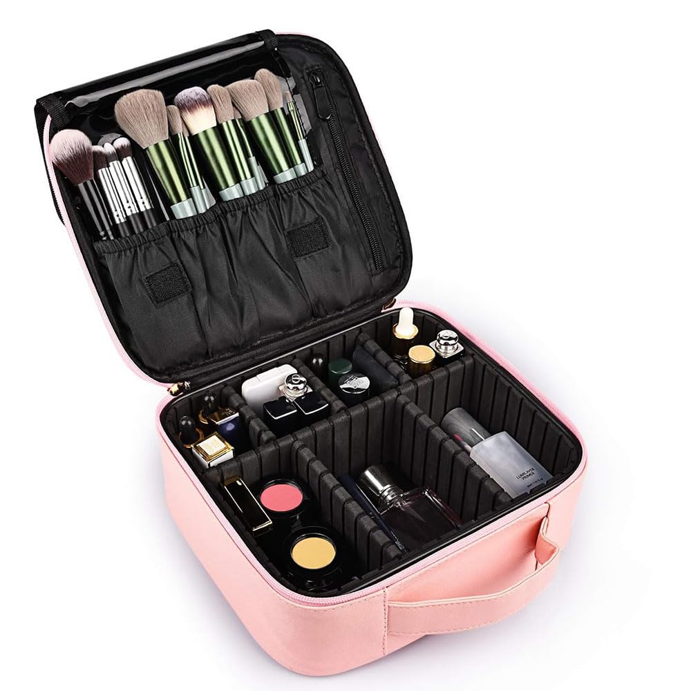Estuche de Maquillaje de Viaje Portátil Profesional, Bolsa de Cosméticos Impermeable con Divisor Ajustable Adecuada para Cosméticos, Cepillo de Maquillaje（Rosado）