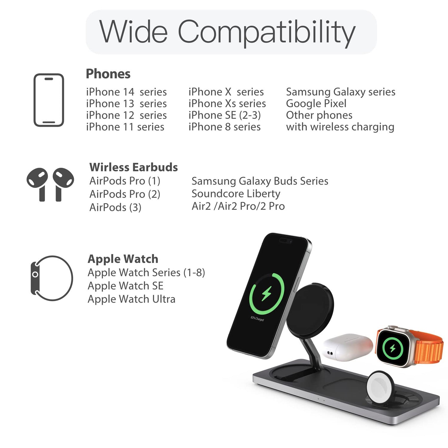 Base de Carga Inalámbrica PETINO Negra 3 en 1 para iPhone, Apple Watch y AirPods