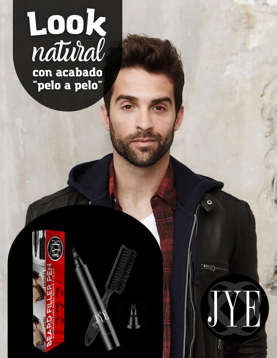 JYE Kit de BOLIGRAFO y PINCEL para rellenar huecos de barba y Bigote, Impermeable, Cubre canas. Incluye tratamiento natural para crecimiento de barba y aceite para barba JYE