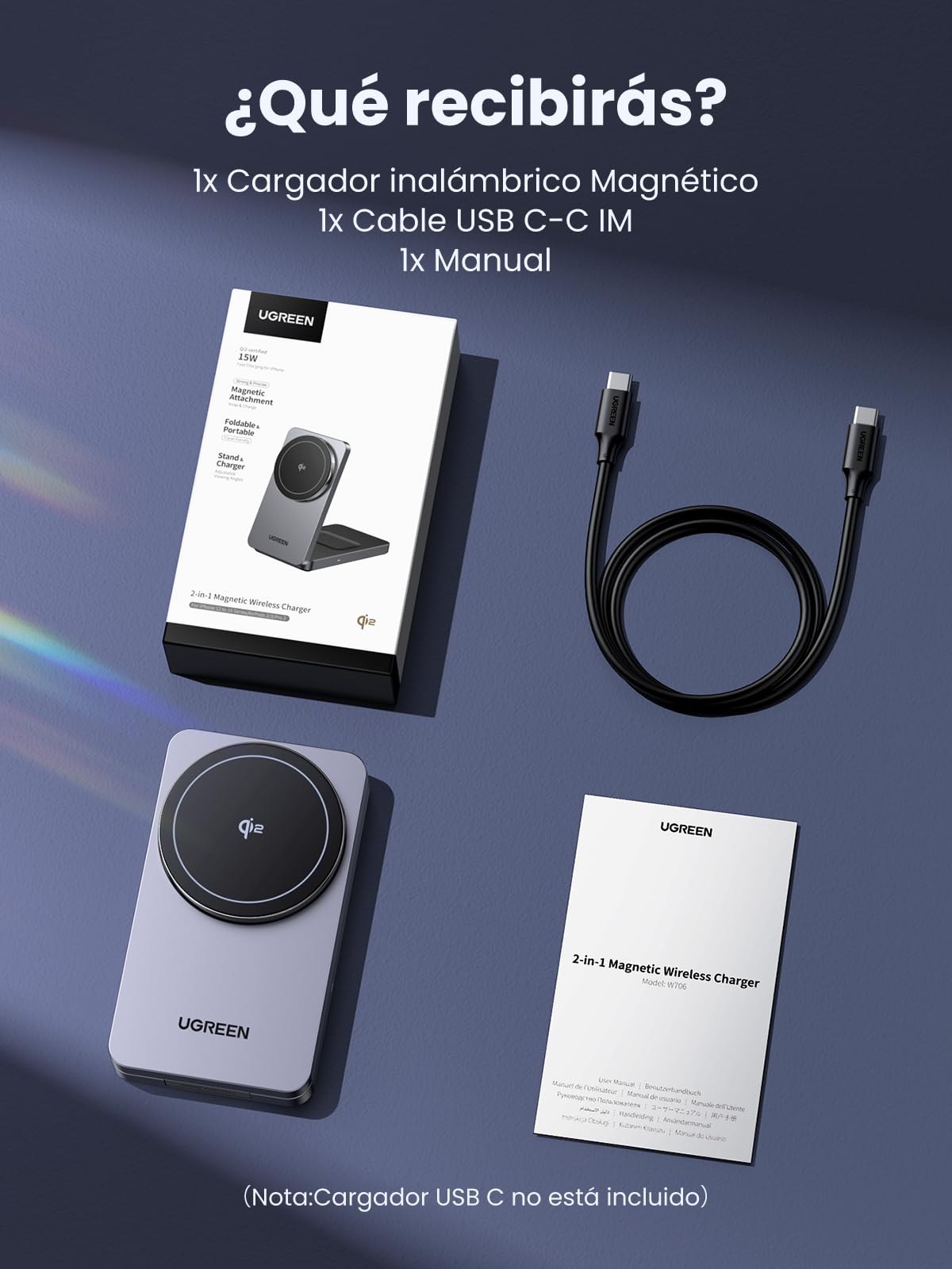Cargador Inalámbrico UGREEN MagFlow Negro Certificado 15W Qi2 con Soporte Plegable y Carga Rápida para iPhone y AirPods
