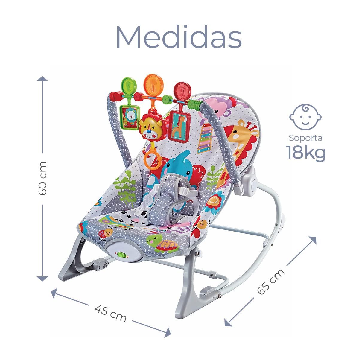 Silla Mecedora Musical Raganet Gris con Barra de Juguetes Desmontable para Bebés y Niños Pequeños