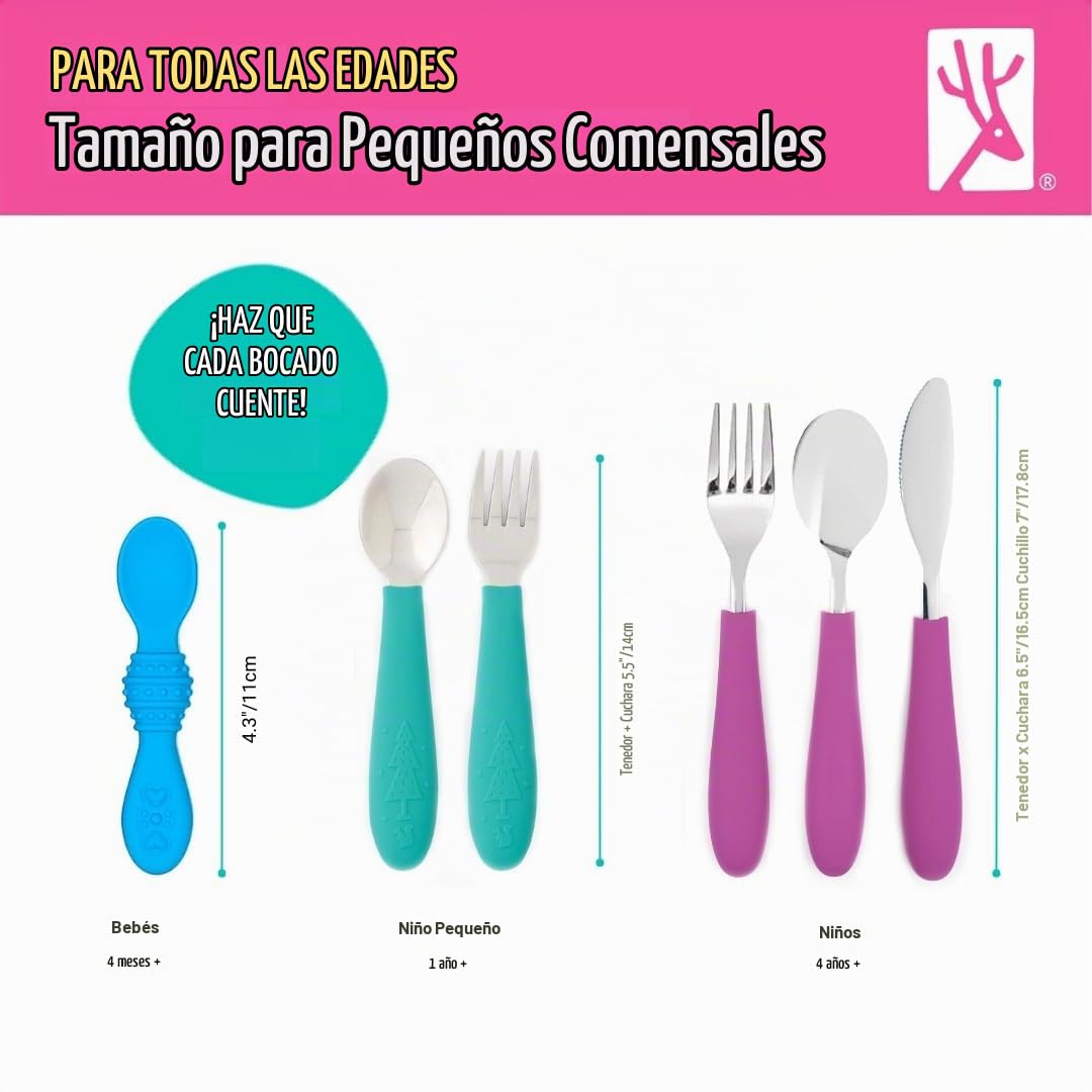 Elk and Friends Juego de cubiertos para niños con mango de silicona | Cubiertos seguros para niños | Utensilios para niños | Juego de cuchara + tenedor + cuchillo | 4 años+ | 6 piezas
