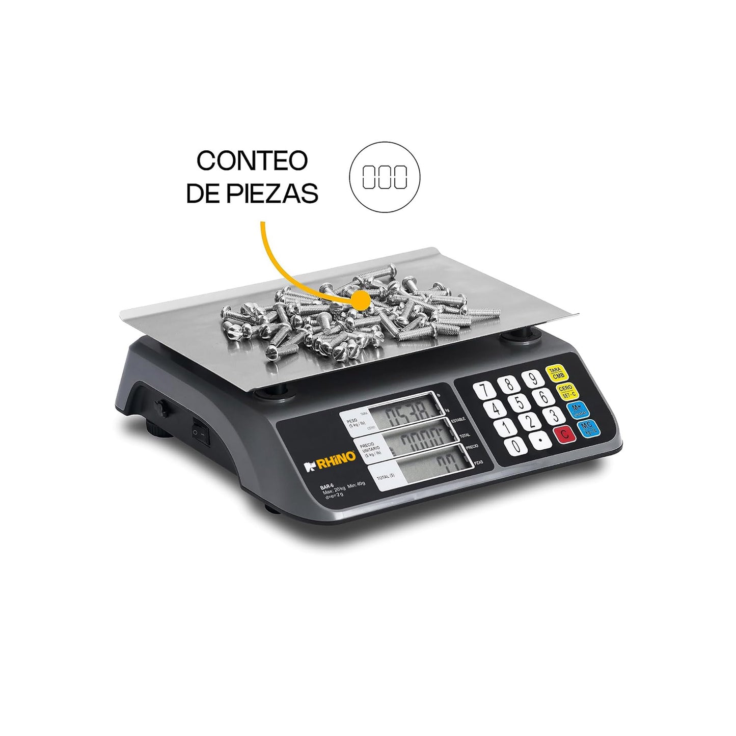 RHINO, Báscula Digital Comercial, 20 kg, Pantallas de Usuario y Cliente, Función de Conteo de Piezas, Precio Neto,10 Memorias en Teclado para Productos con Mayor Desplazamiento, BAR-6