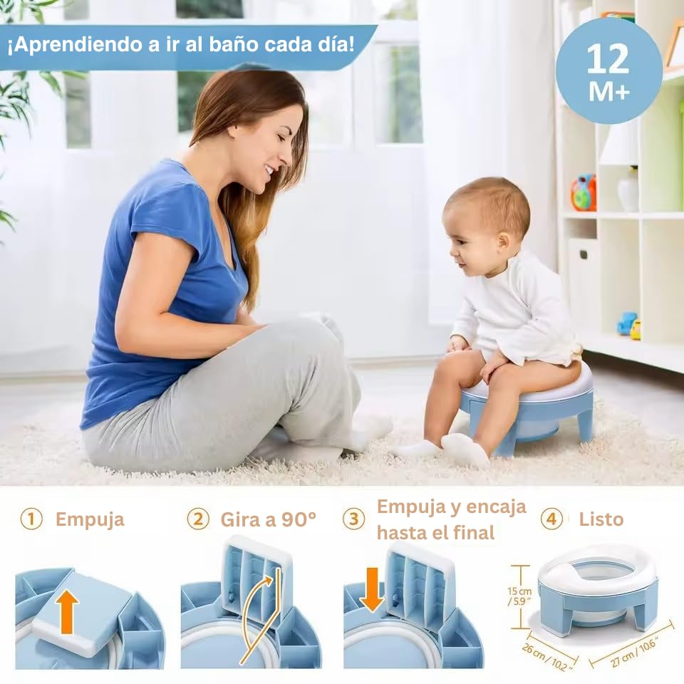 Baño Entrenador Niño 2 en 1 (Bacinica Portátil y Asiento de Inodoro). Para Potty Training. Plegable, Fácil y Seguro, Ideal para Casa, Viajes, Camping. Incluye: Maletita, 5 Rollos de Bolsas (Azul)