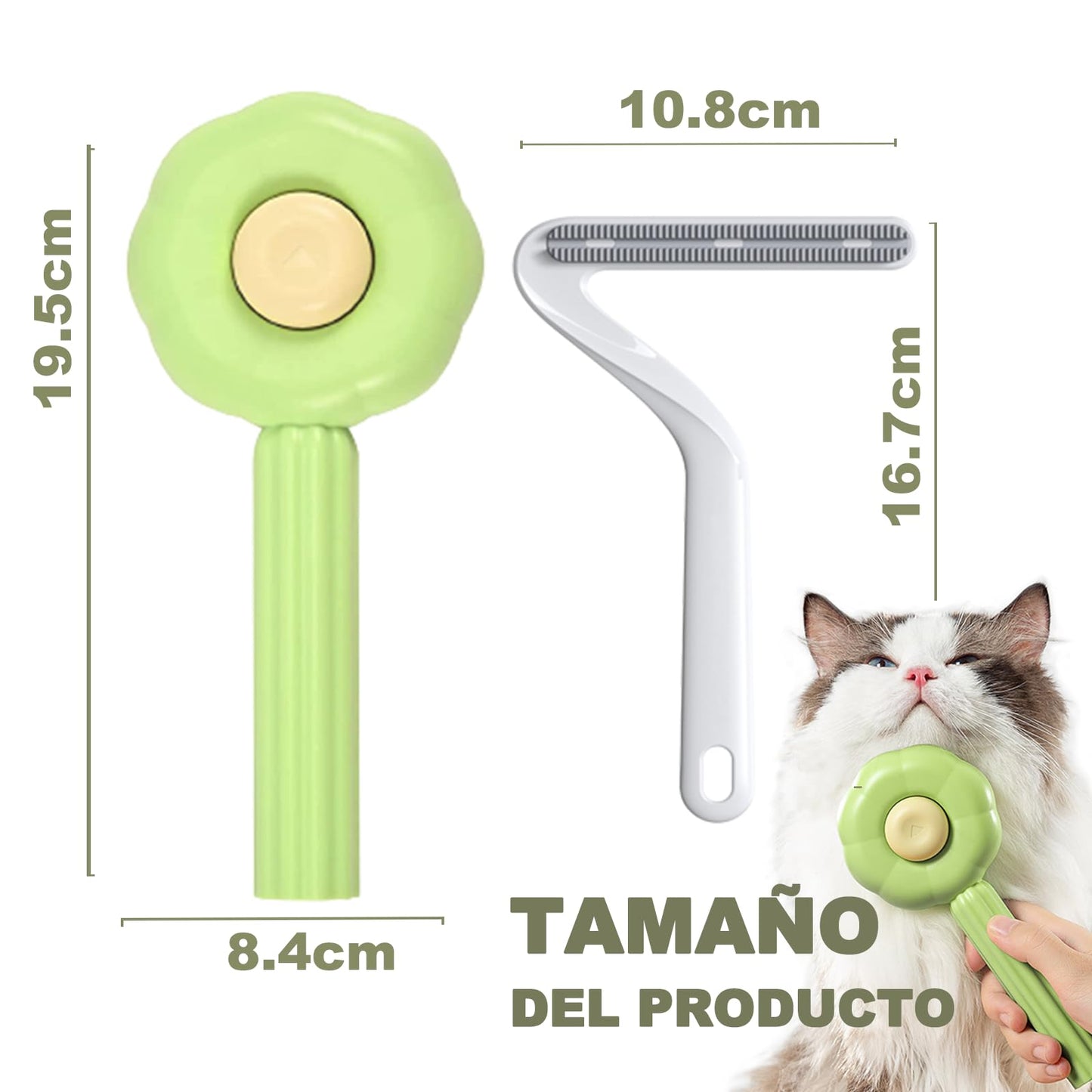 KIWOP 2 Piezas Cepillo para Gato, Autolimpiante Cepillos de Aseo para Mascotas+Removedor de Cabello, Cepillos Pelo Gato Inoxidable con Puntos de Goma, para Perros y Gatos de Pelo Corto o Largo