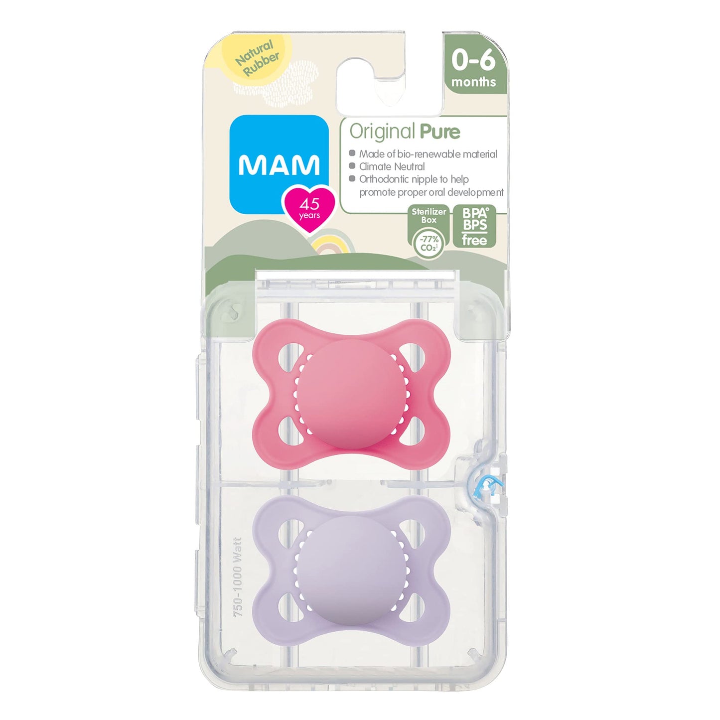 MAM - Chupetes de látex originales, chupete de 0 a 6 meses, pezón de goma natural, hecho de materiales bio-circulares, fácil de limpiar, con estuche esterilizador, 2 unidades
