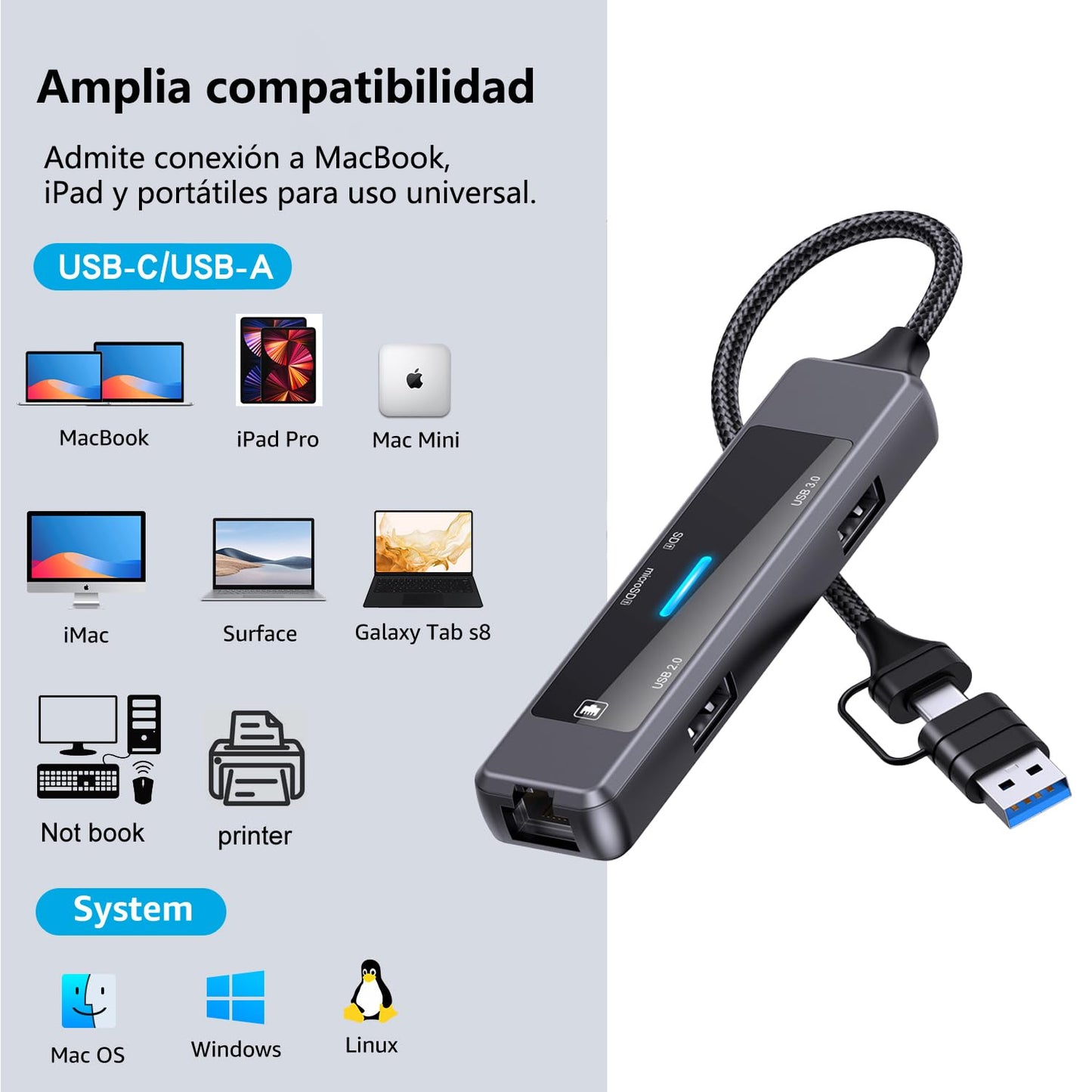 Adaptador Ethernet USB 3.0 MORNWELL Multicolor 5 en 1 Técnico para MacBook, Surface Pro y PC