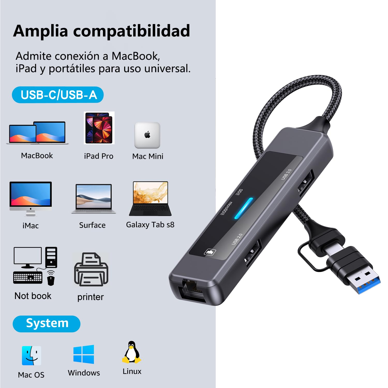 Adaptador Ethernet USB 3.0 MORNWELL Multicolor 5 en 1 Técnico para MacBook, Surface Pro y PC
