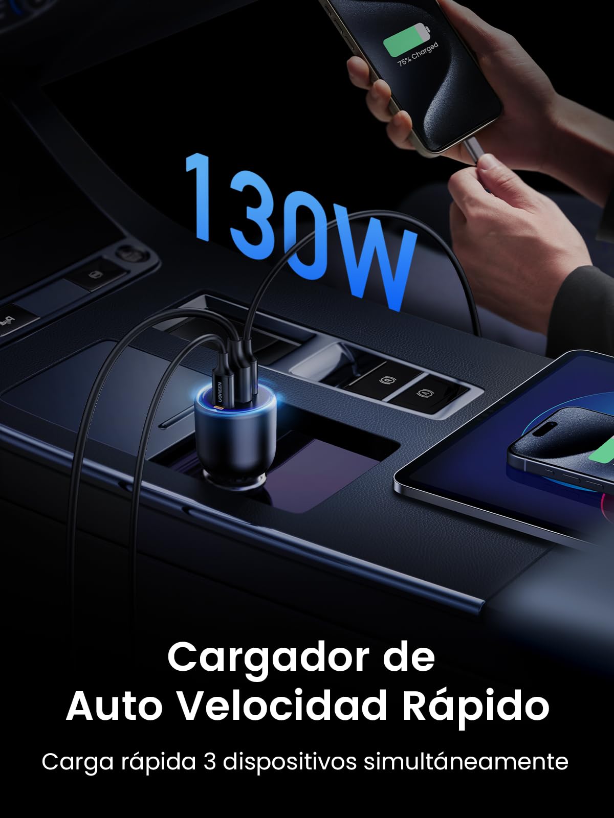 UGREEN 130W Cargador de Coche USB C Carga Rápida, Adaptador para Auto Tipo C para Encendedor de Cigarrillos Compatible con iPhone 16 15 14 13, Galaxy S25 S24 S23 Ultra, Xiaomi, MacBook, iPad Pro Air