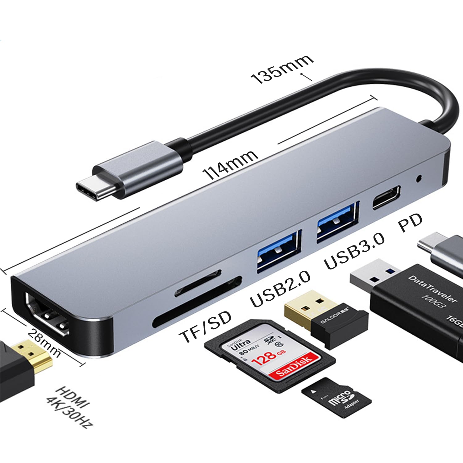 Hub USB C 6 en1, Adaptador Tipo C para MacBook Air, Adaptador USB C a HDMI 4K con USB 3.0 PD Carga Lector de Tarjetas SD TF Compatible con MacBook Pro, iPad Pro, Huawei y Más Dispositivos Tipo C