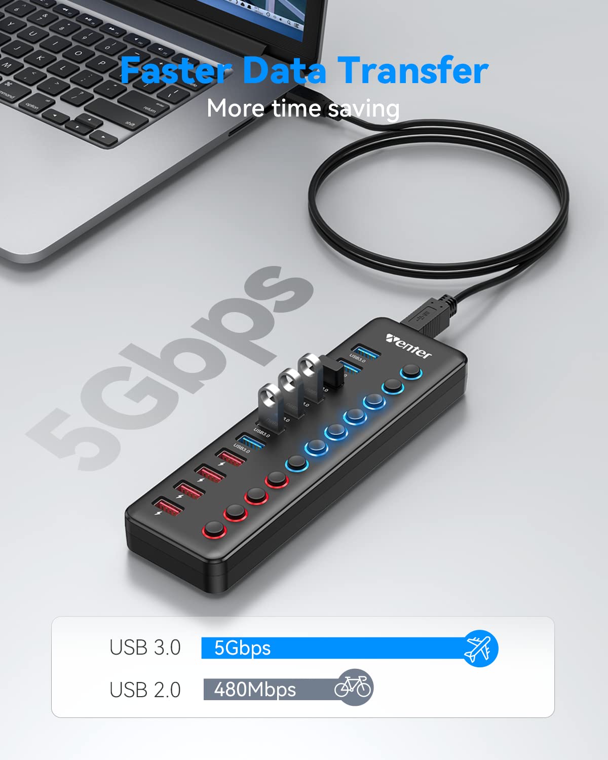 Hub USB 3.0 Wenter 11 Puertos con Alimentación Inteligente para Mac, Windows, Chrome y Linux