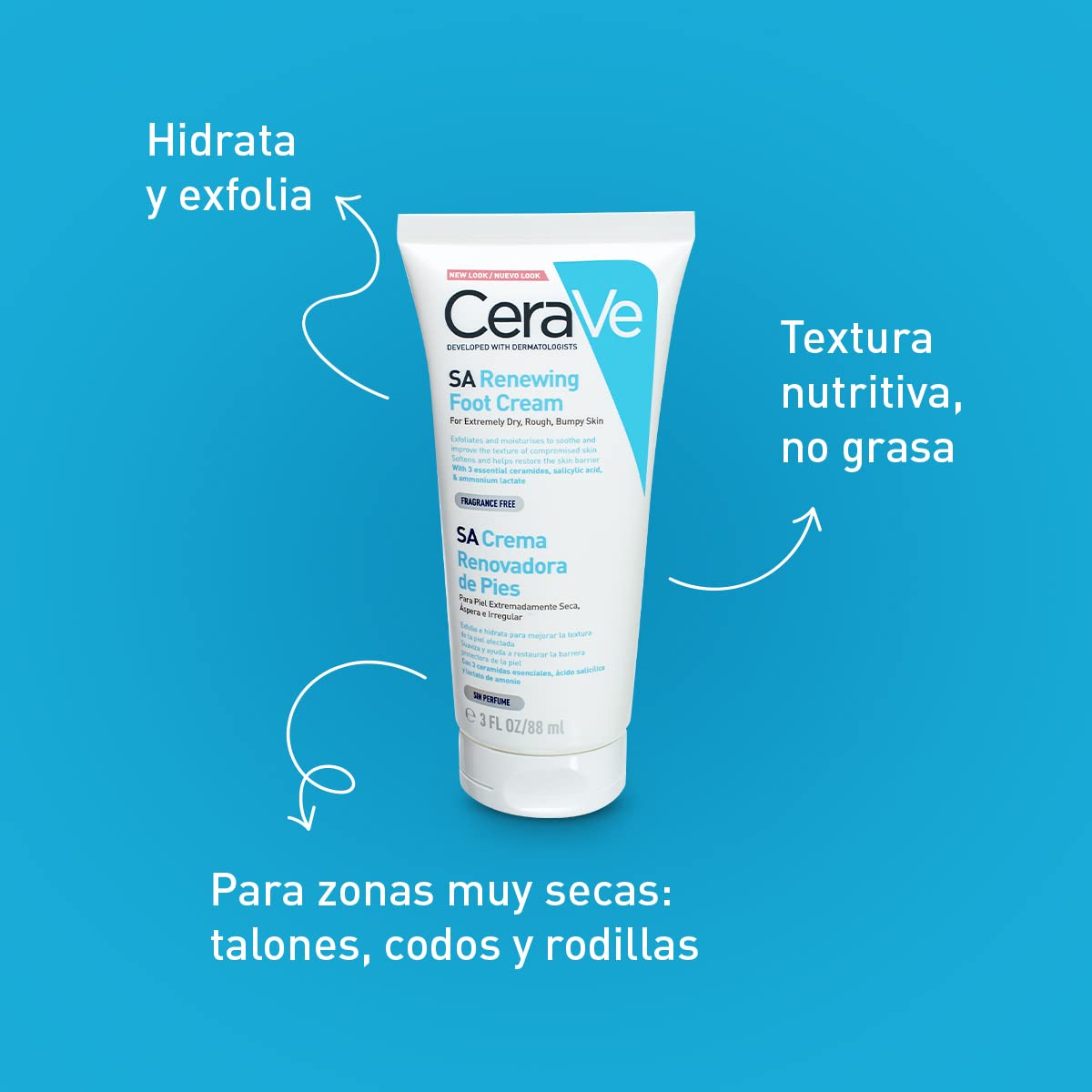 CeraVe Crema Renovadora de Pies | 88 ml| Crema hidratante para pies con ácido salicílico | Para piel muy seca y áspera