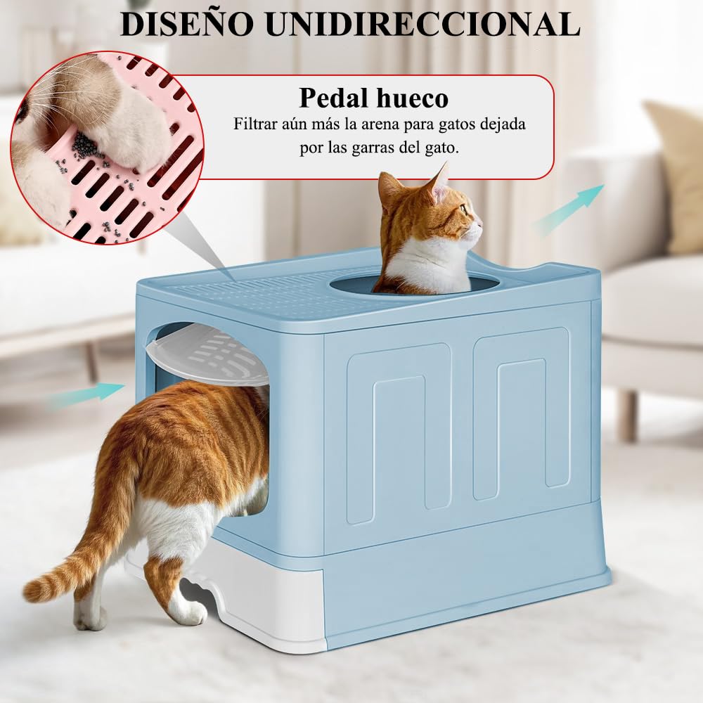Jiula Caja de Arena para Gatos Plegable Cerrada, Caja de Arena con Cajón y Cuchara, Fácil de Limpiar, Adecuada para Viajar con Mascotas, Puerta Lateral Móvil Dos Direcciones, Azul, 41 * 51 * 44 CM