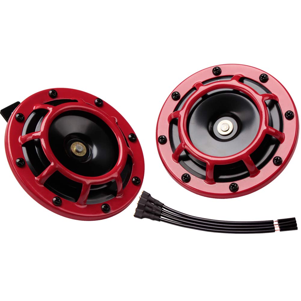 FARBIN - Bocina de coche de 12 V, súper tono, bocinas de motocicleta de tono alto/tono bajo, con parrilla protectora (rojo)