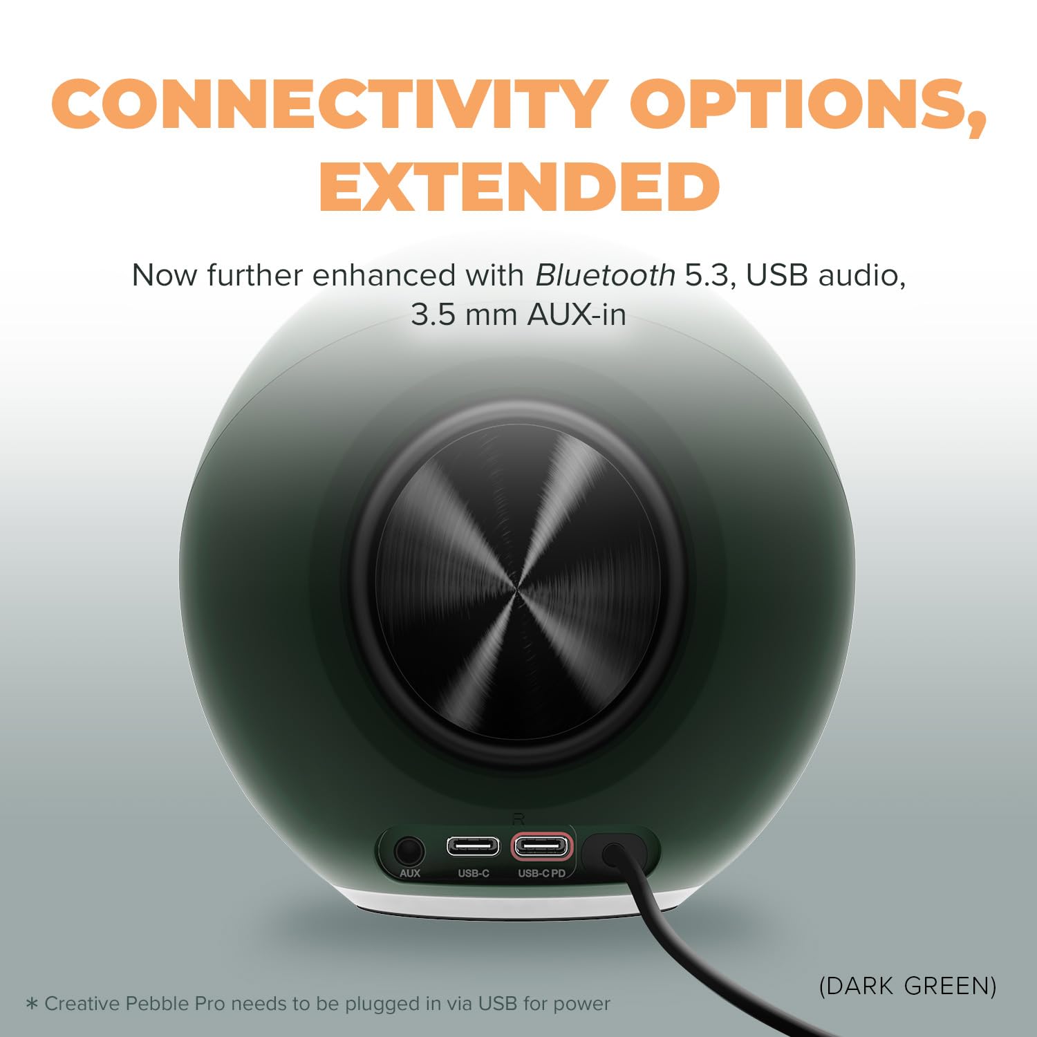 Creative Pebble Pro - Altavoces minimalistas 2.0 USB-C para computadora con Bluetooth 5.3 e iluminación RGB personalizable, diálogo claro y tecnología BassFlex, audio USB, puerto de auriculares, para