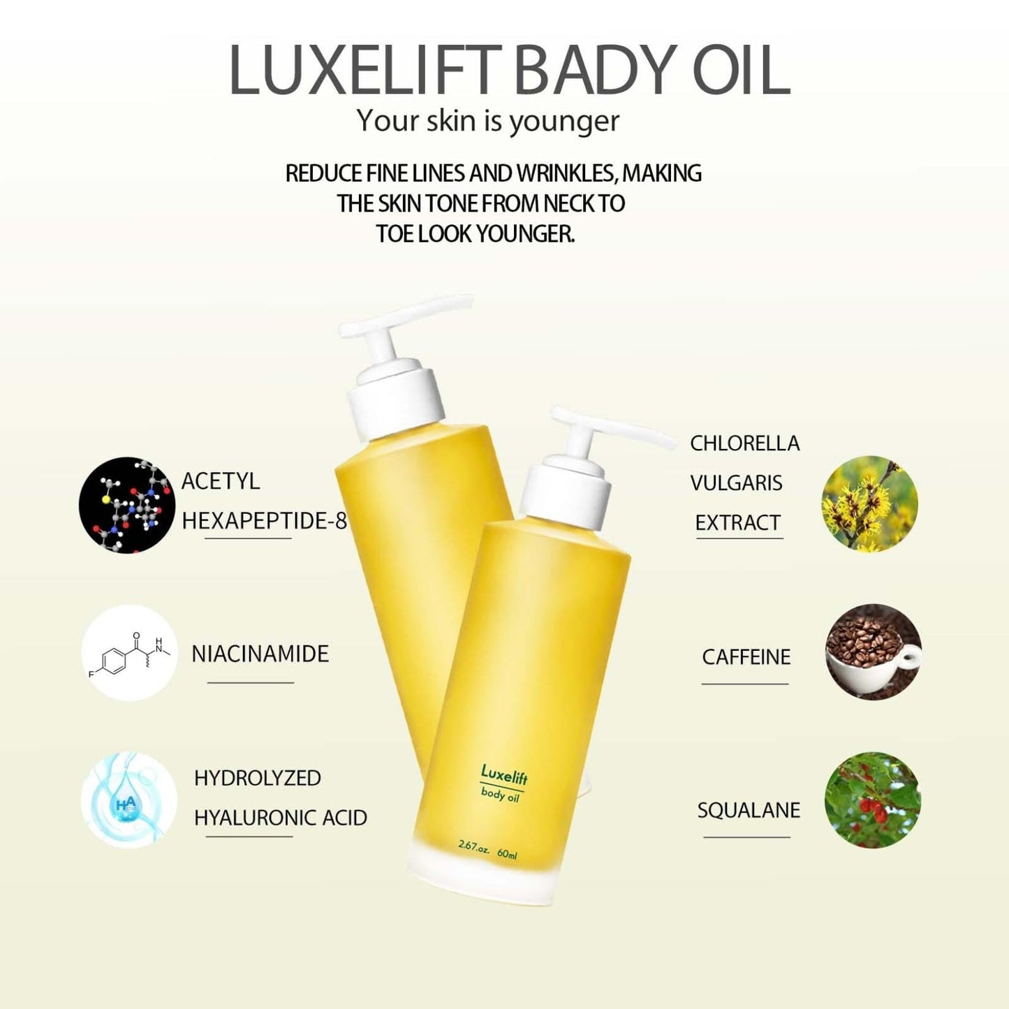 Pack de 2 Aceites Corporales Reafirmantes con Ácido Hialurónico para Regenerar y Nutrir la Piel - 60ml/2.67oz - Producto Natural y Ecológico para Cuidado Corporal
