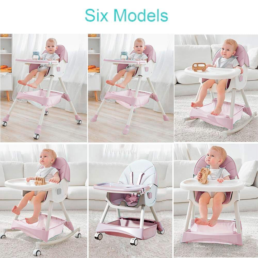 Silla alta para bebe, silla periquera para comer silla para bebe 6 en 1 con babero vaso entrenador y plato de comida, facil de armar, plegable multifuncion (Rosado)