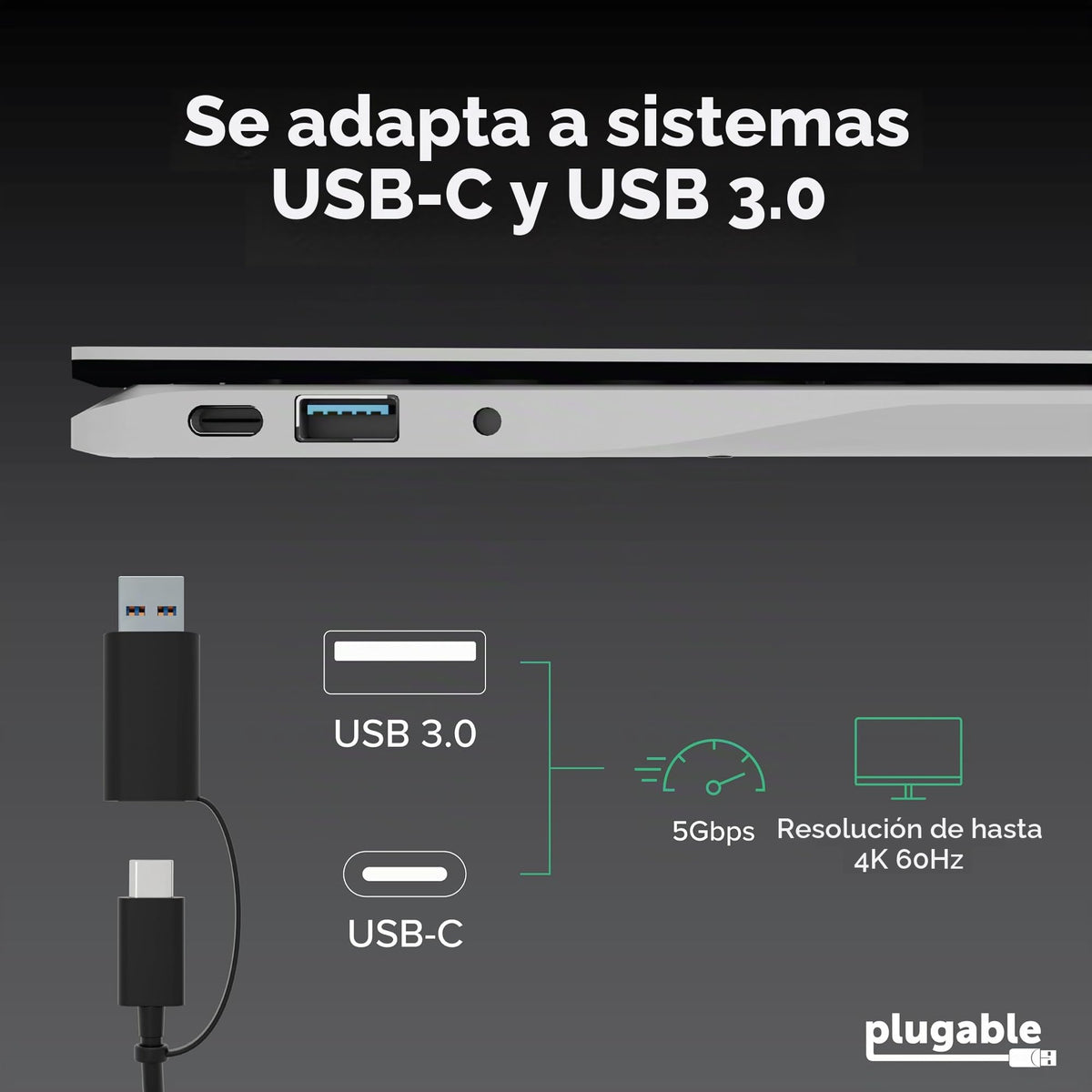 Adaptador de Monitor Dual Plugable Negro 4K para USB 3.0 y USB-C