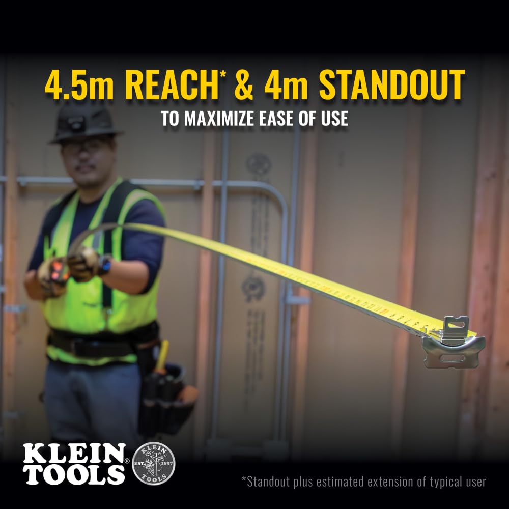 KLEIN TOOLS 9375 | Flexómetro magnético de doble gancho y doble cara| Revestimiento de nylon duradero| Medición SAE y métrica| Flexometro| Cinta metrica| 7.5m | Freno de velocidad y clip para cinturón
