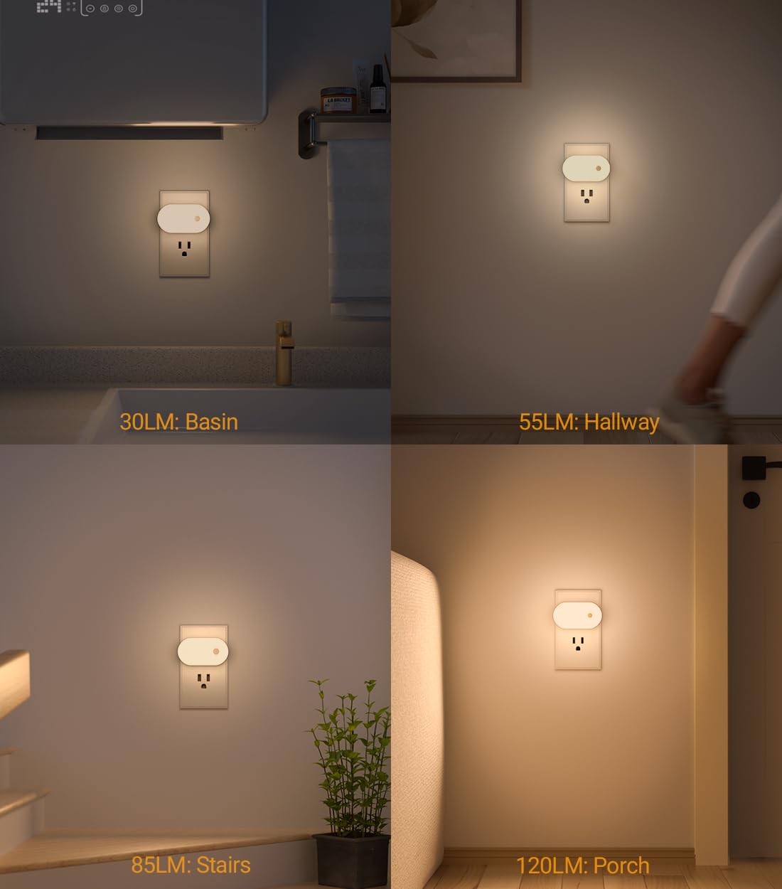 LYRIDZ - Luz nocturna con sensor de movimiento, luz nocturna inteligente de 1 a 120 lm, luz blanca cálida ledes con brillo ajustable continuo para dormitorio, cocina, escaleras, pasillo, paquete de 2