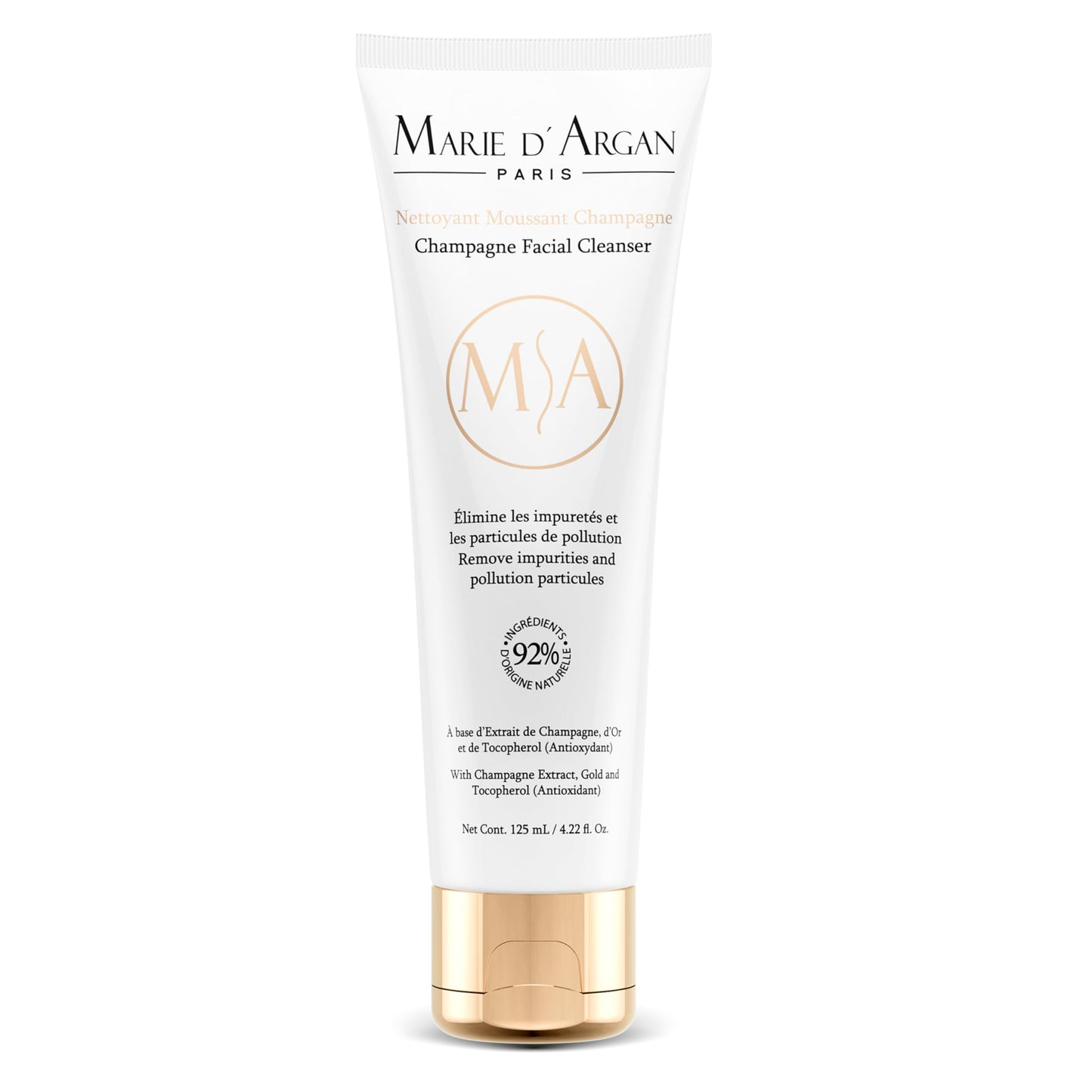 Marie D’Argan Limpiador Facial Champagne Con Oro Coloidal Y Vitamina E 125 ml, Limpieza Profunda, Control De Grasa, Ilumina Y Renueva, Sin Parabenos, Para Piel Normal, Mixta Y Grasa